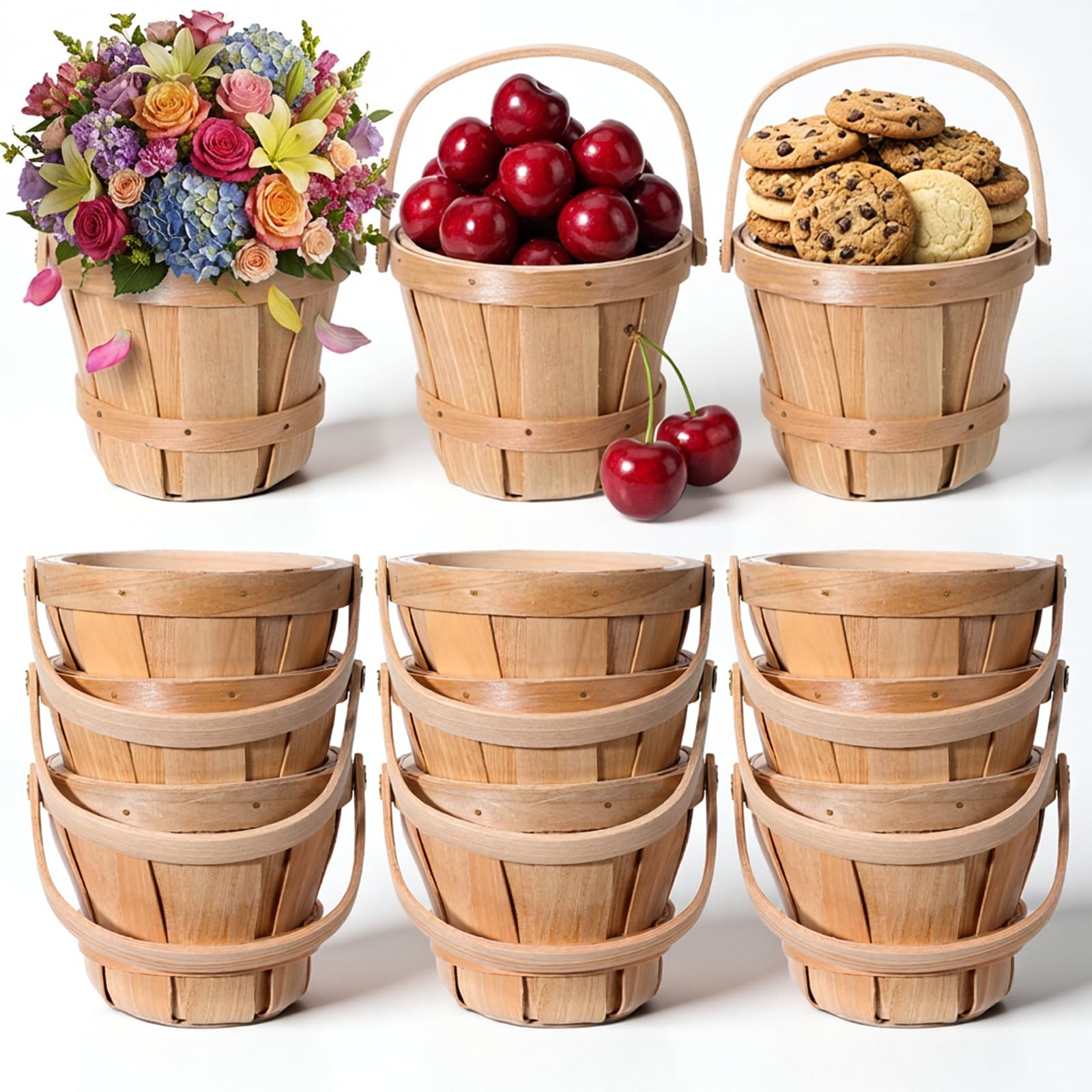 Oqqlin front view of ten baskets showing rustic wooden finish and round shape, practical storage