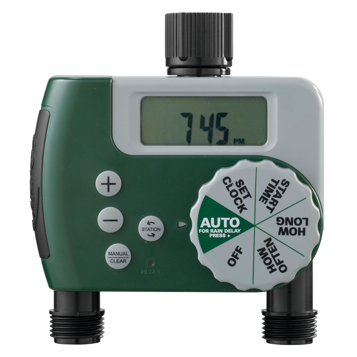 Orbit front panel view showing dual outlets and controls for easy watering