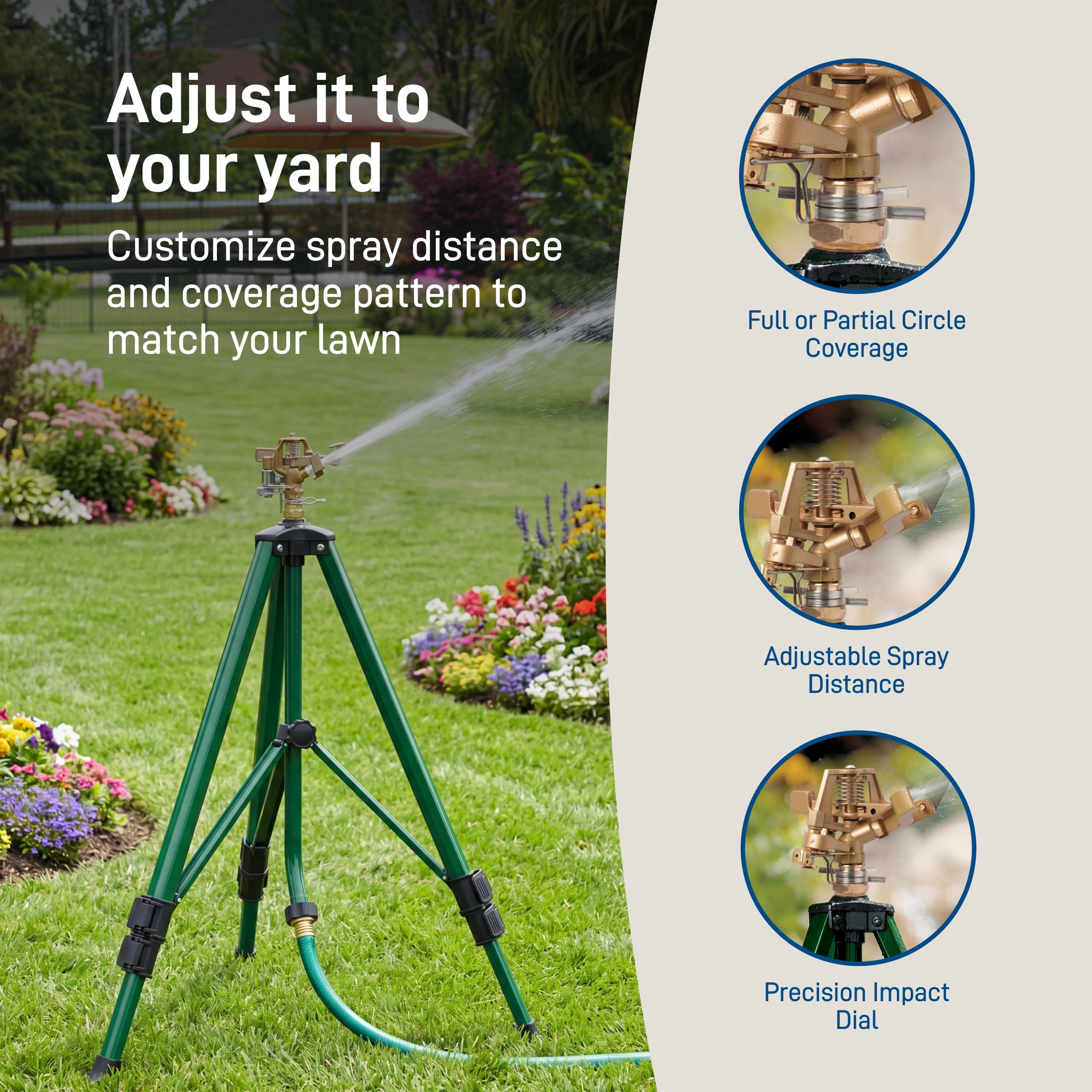 Orbit sprinkler covering a large lawn, showing wide-area irrigation performance