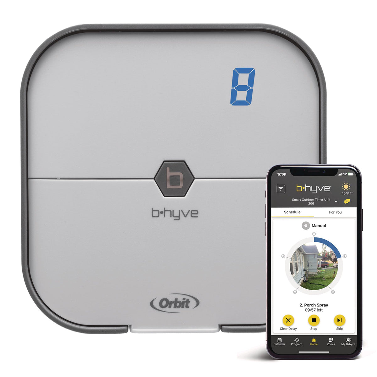 Orbit B-hyve front panel showing buttons and LED status for quick control