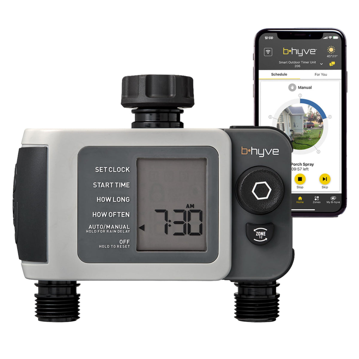Orbit B-hyve XD front view showing dual outlets and robust housing for reliable outdoor use