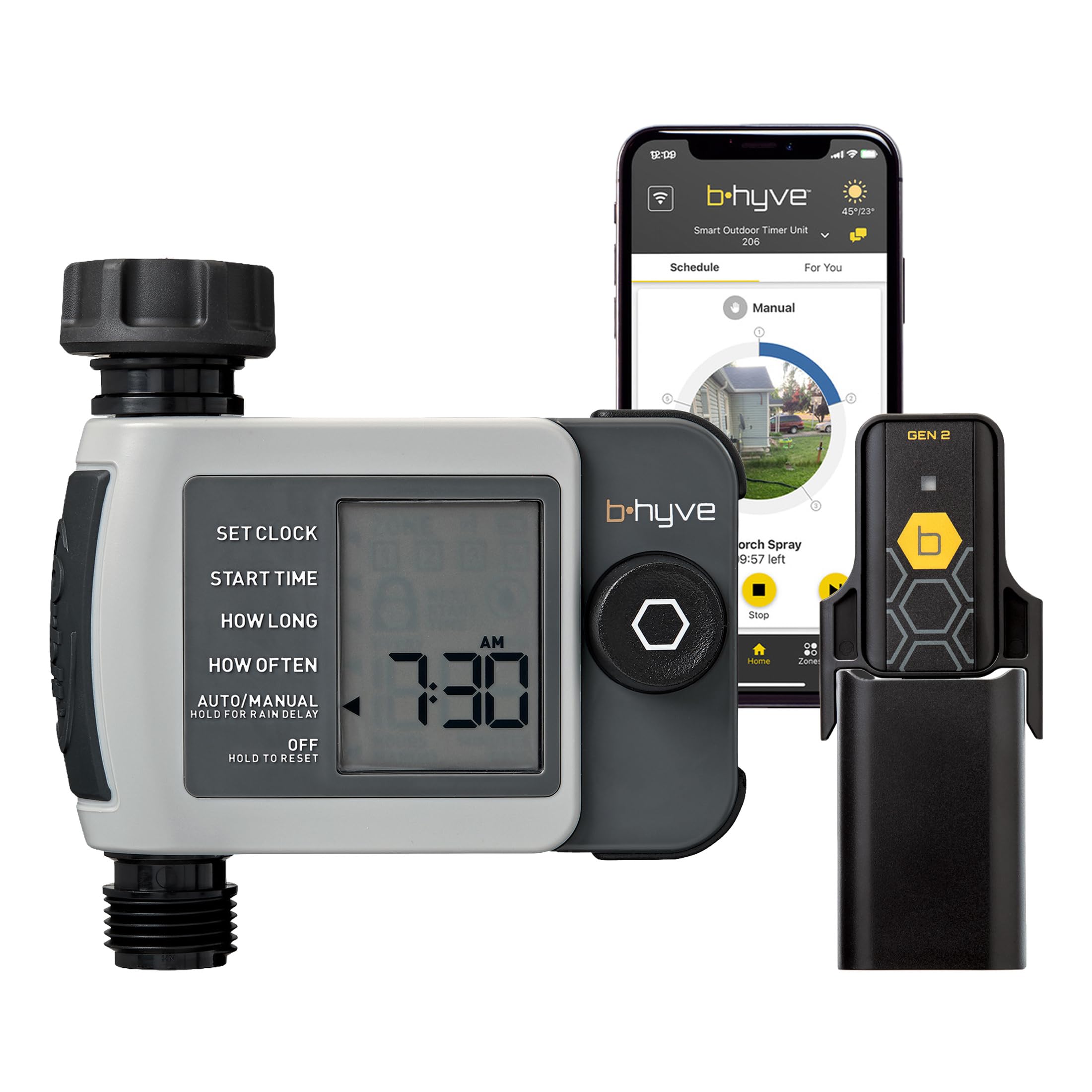 Orbit B-hyve XD front view showing display and port, clear operation benefit