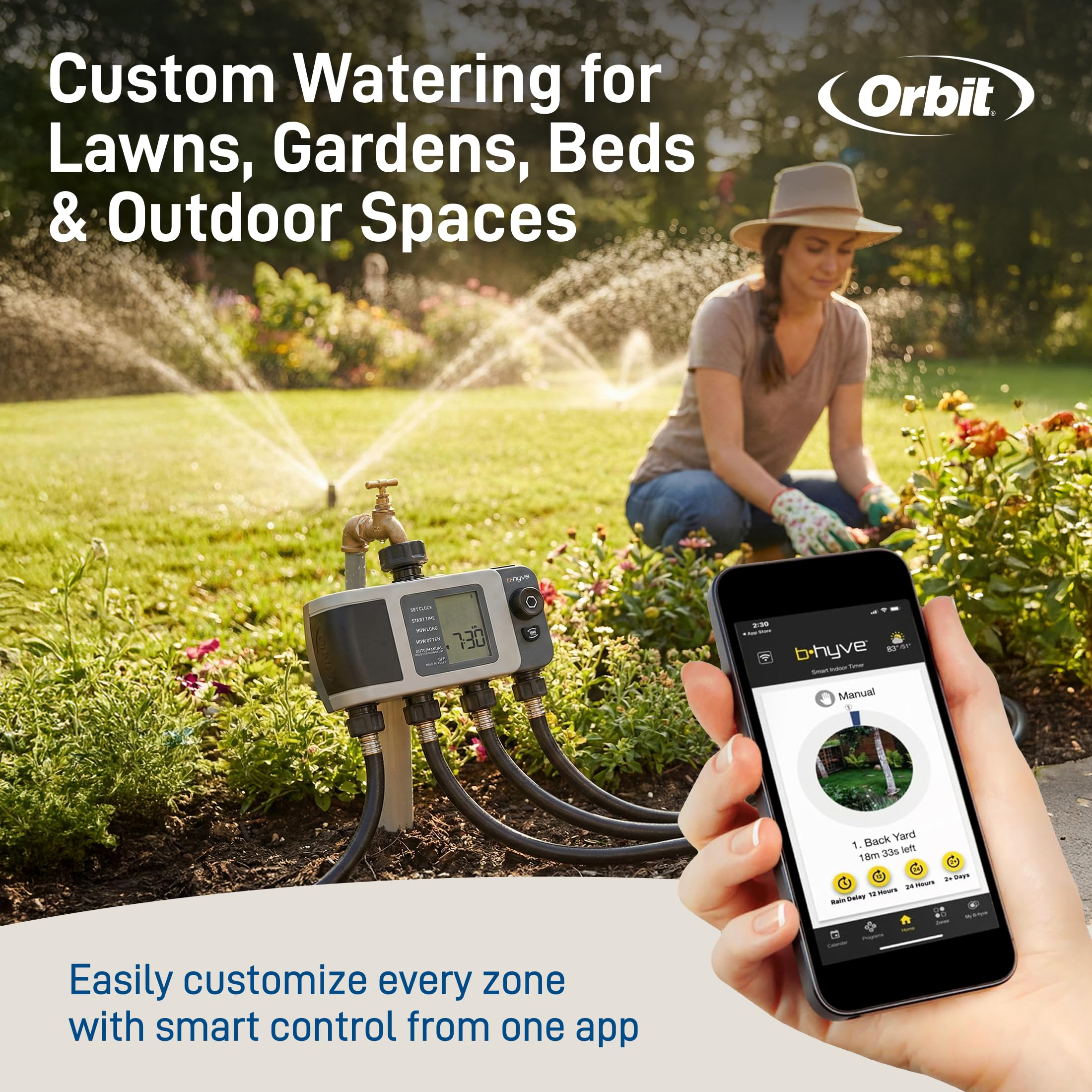 Orbit B-hyve XD in garden lifestyle shot showing efficient watering across plants
