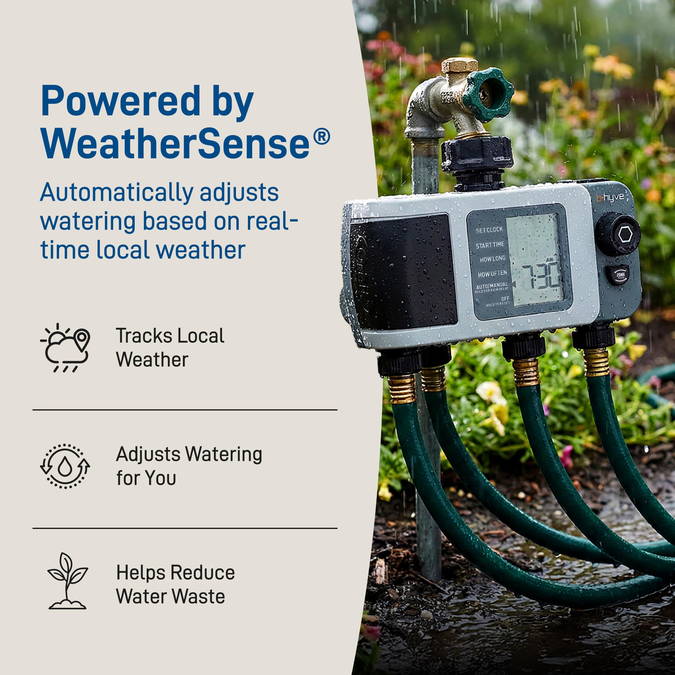 Orbit B-hyve XD mounted outdoors demonstrating weatherproof design and durability