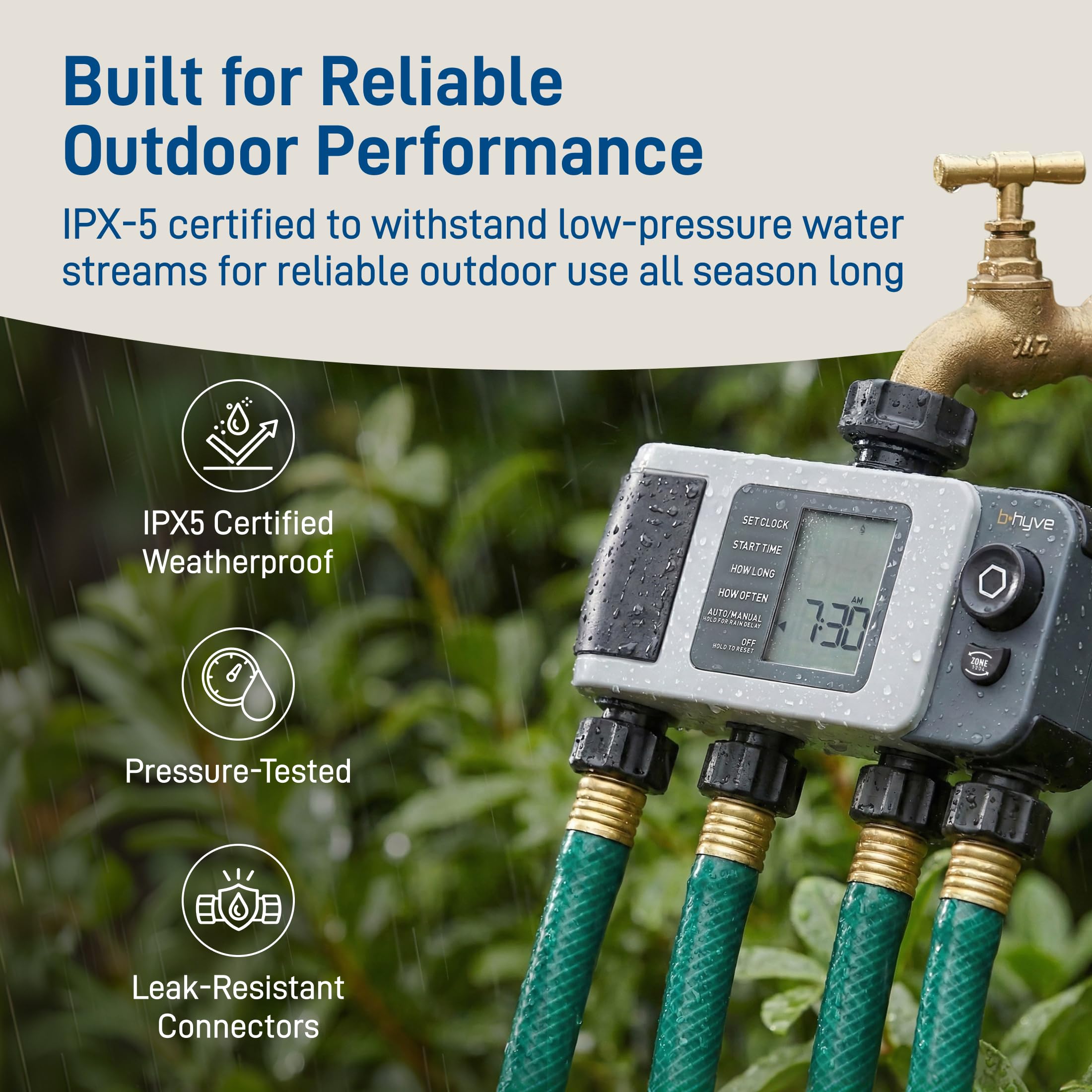Orbit B-hyve XD valve connection detail illustrating easy hookup and leak-resistant fit