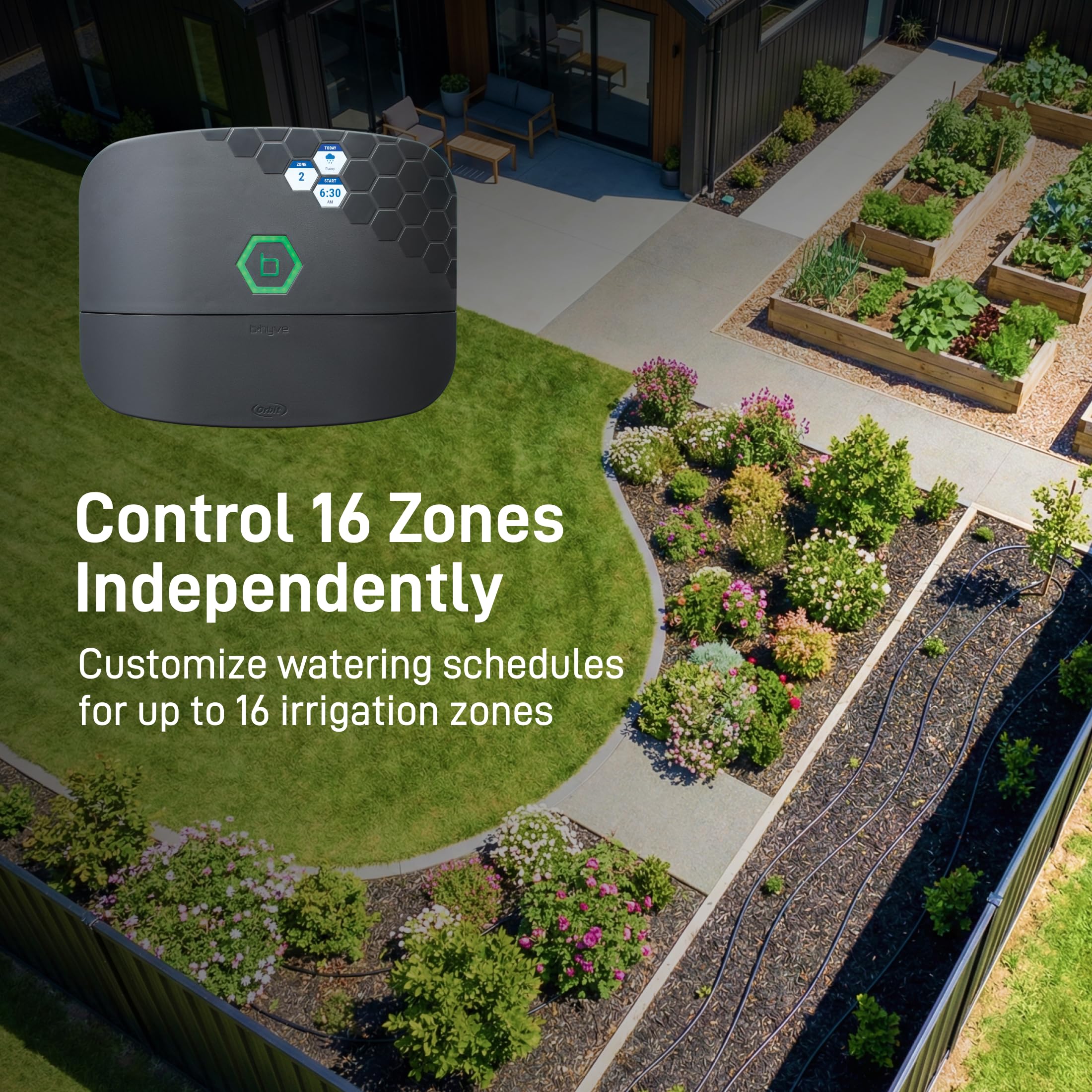 Orbit B-hyve XR mobile app screen showing zone control and remote watering convenience