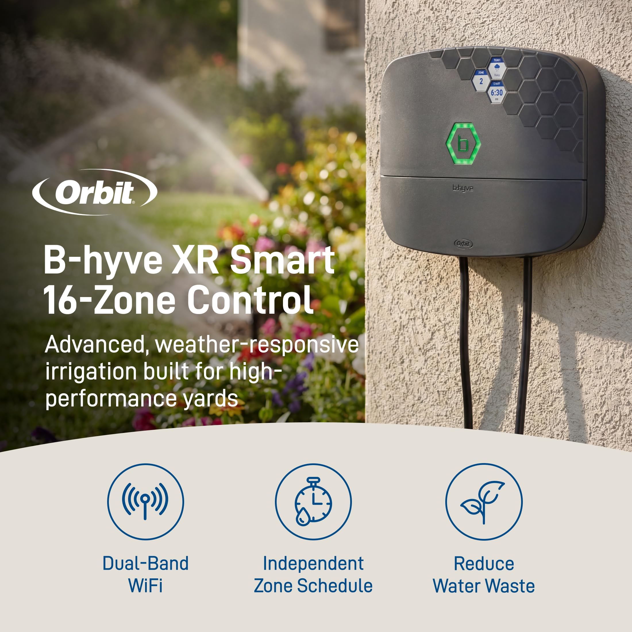 Orbit B-hyve XR mounted outdoors on siding demonstrating durable weatherproof protection