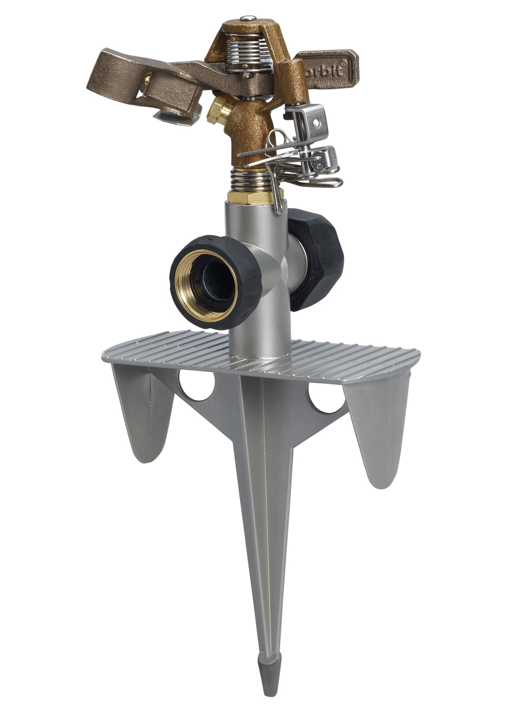 Orbit brass impact sprinkler front view showing durable construction and stable spray