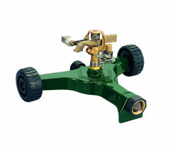 Orbit brass impact sprinkler front view showing durable head and coverage benefit