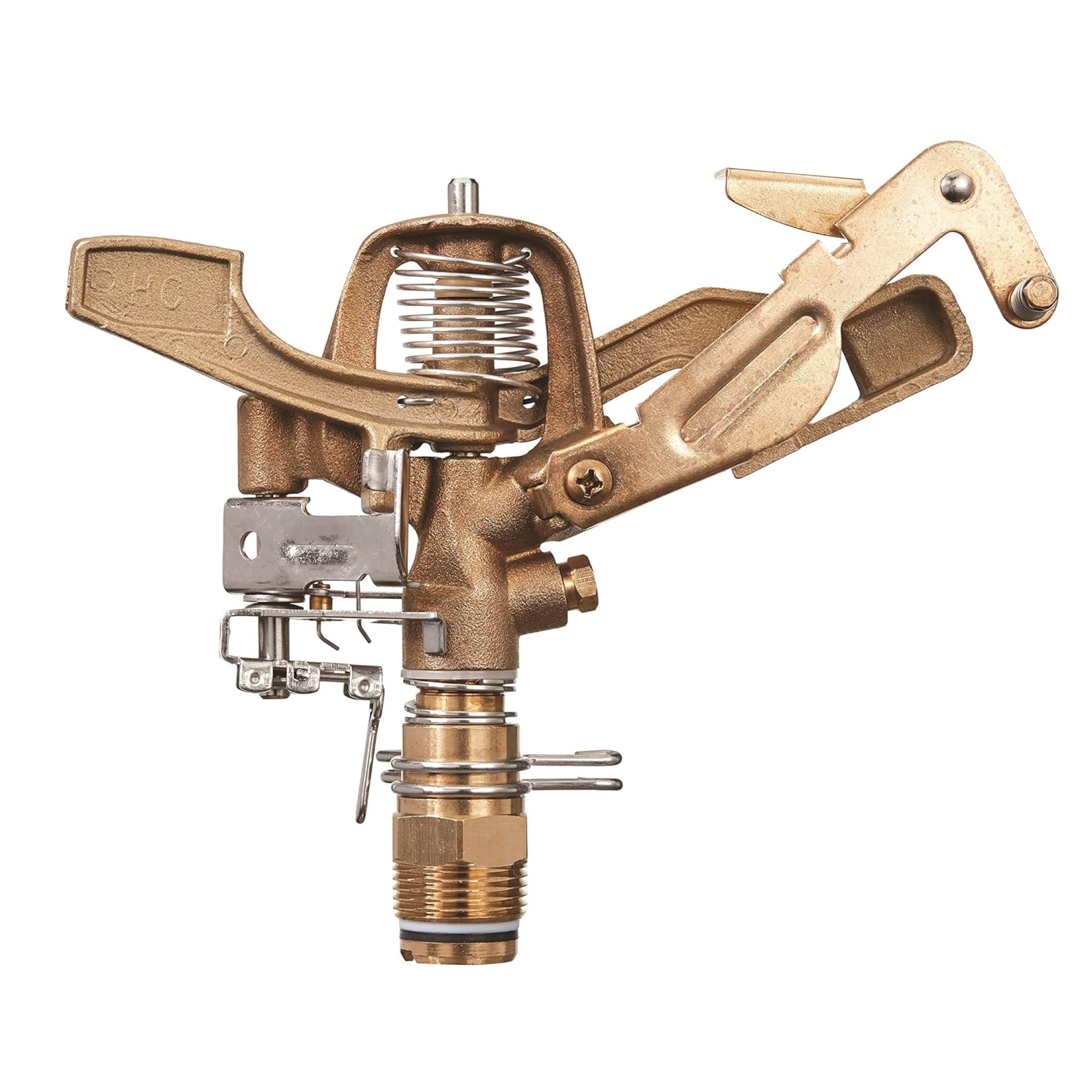 Orbit brass impact sprinkler front view showing durable construction and connection benefit