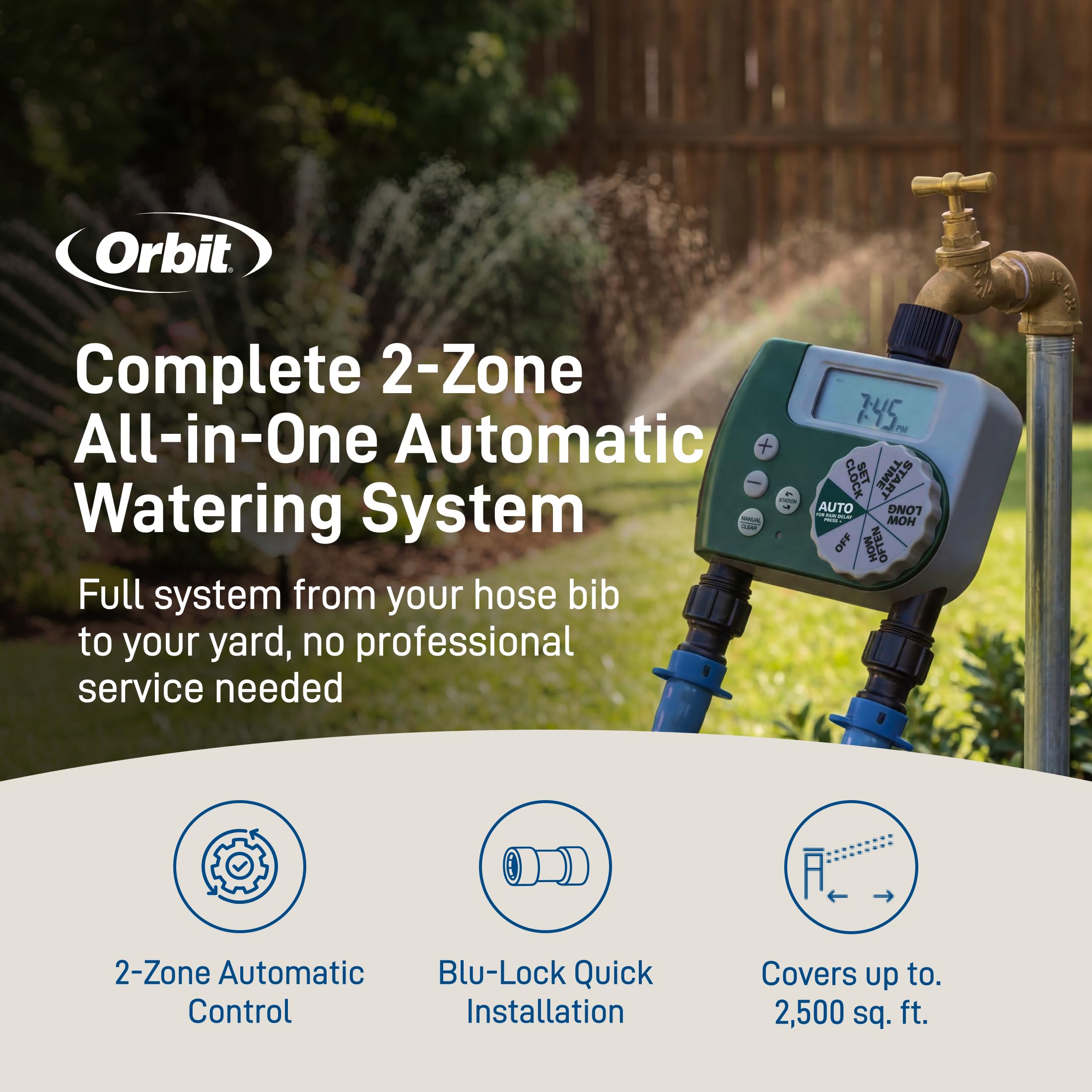 Orbit double outlet hose timer closeup enabling scheduled watering