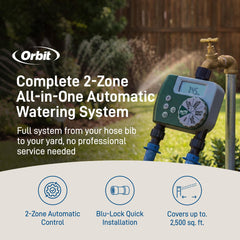 Orbit double outlet hose timer closeup enabling scheduled watering