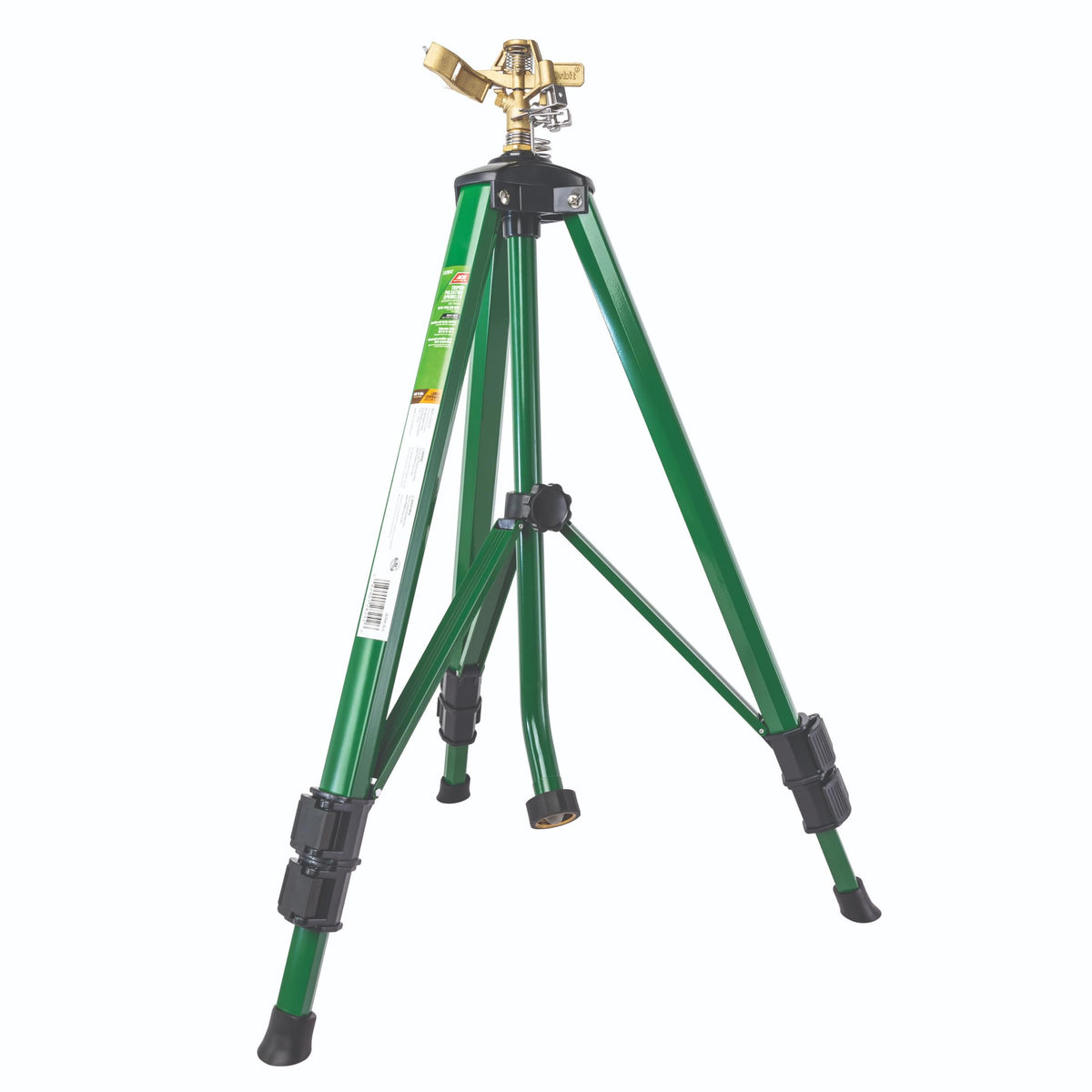 Orbit front view showing sprinkler and tripod, demonstrating durable portability