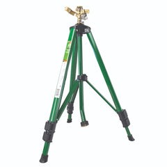Orbit front view showing sprinkler and tripod, demonstrating durable portability