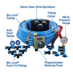 Orbit gear-drive sprinkler head close-up showing adjustable throw for even coverage