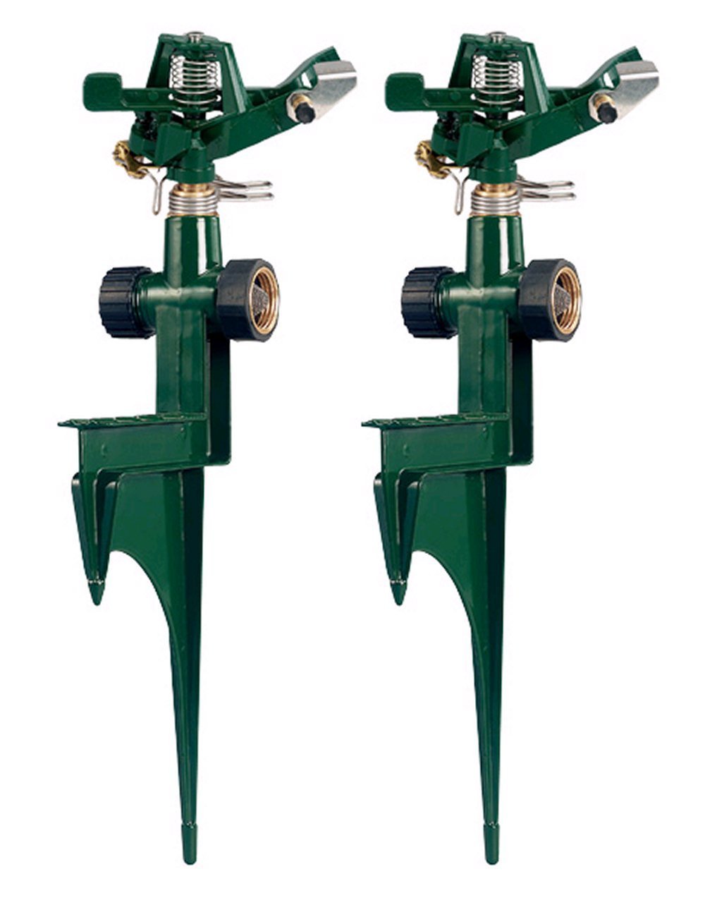 Orbit zinc impact sprinkler on spike front view showing stable mount and wide coverage