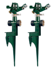 Orbit zinc impact sprinkler on spike front view showing stable mount and wide coverage