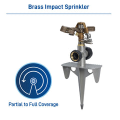 Orbit impact sprinkler head close-up highlighting clog-resistant design benefit