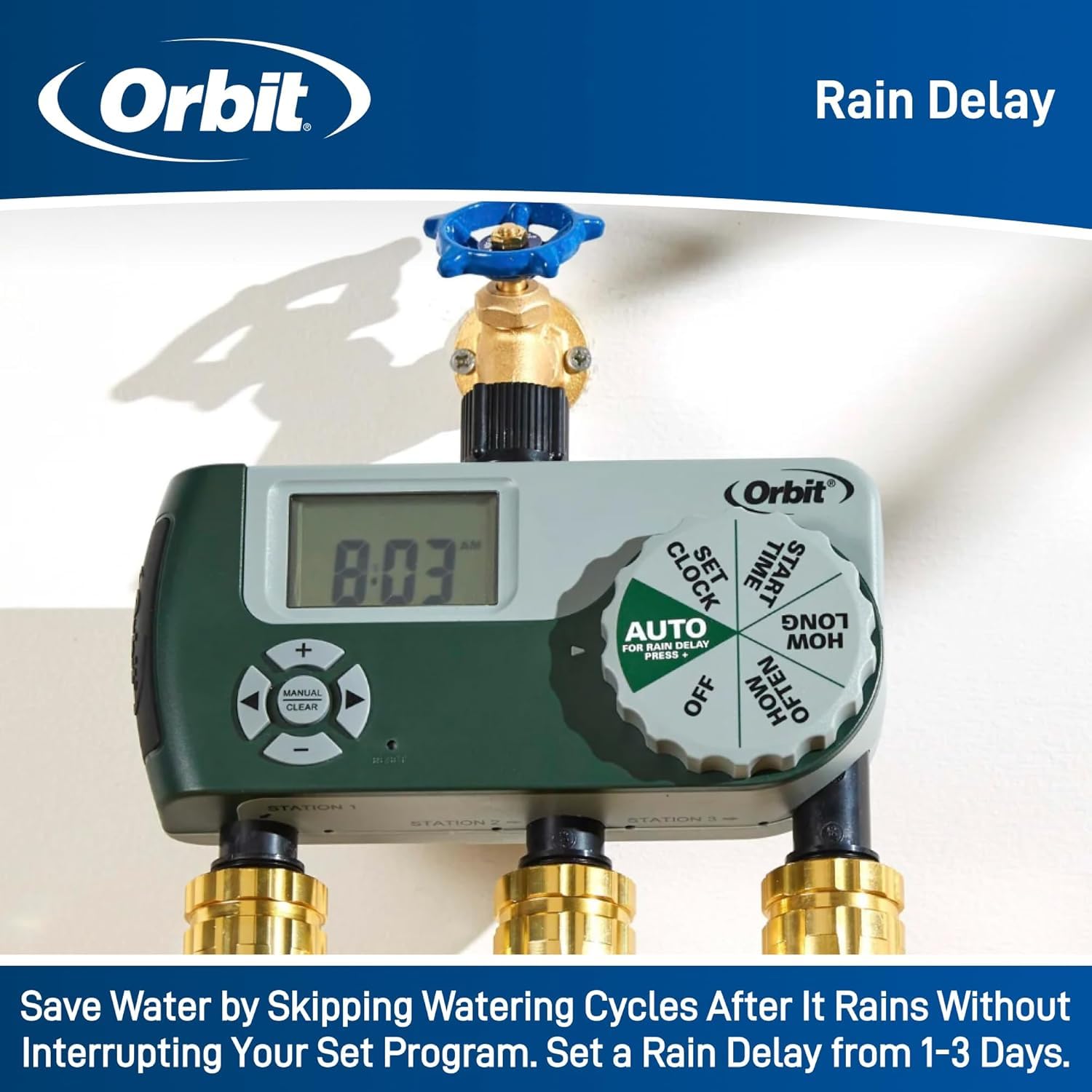 Orbit timer in-use in a garden to automate watering and save time