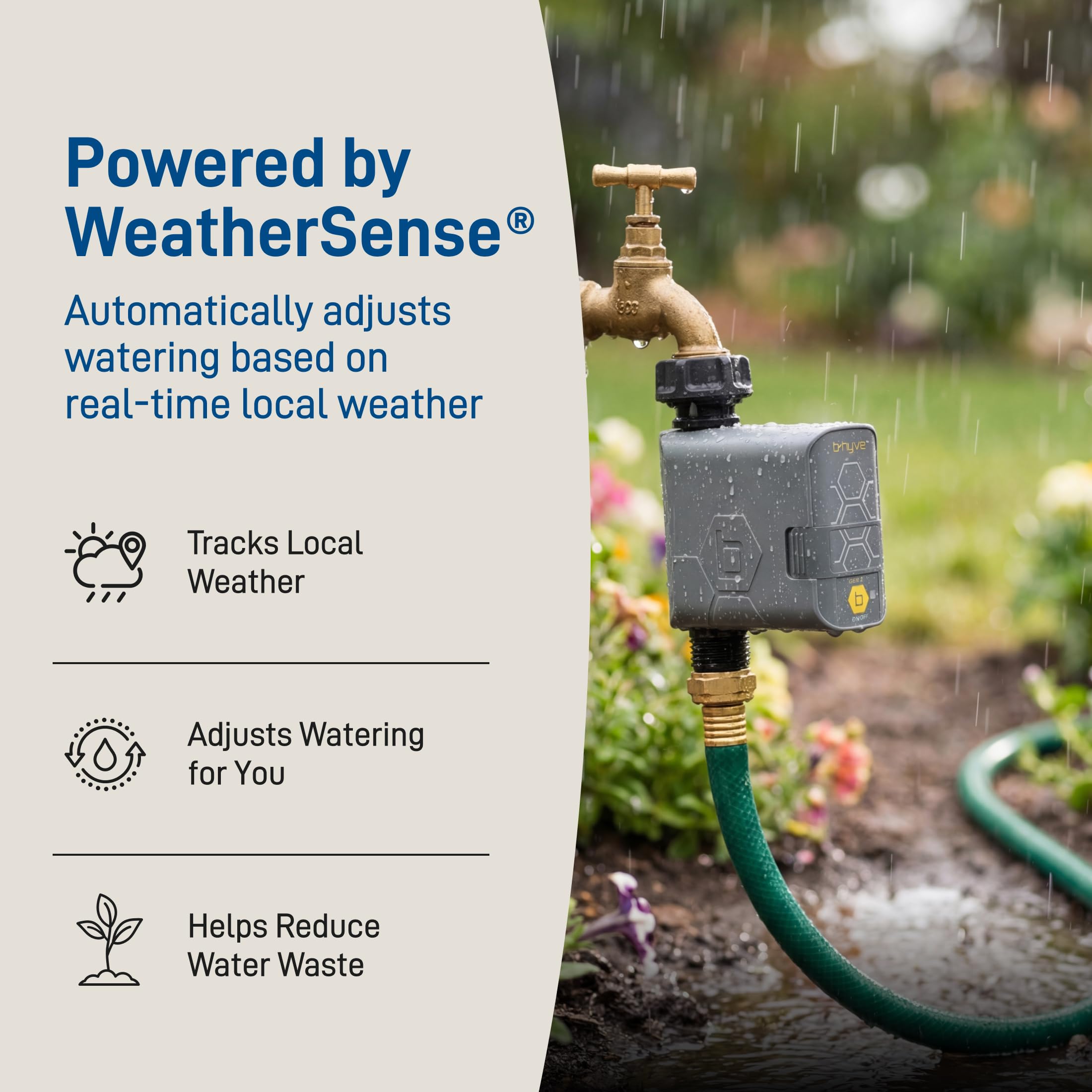Orbit installed on garden hose showing automated watering benefit