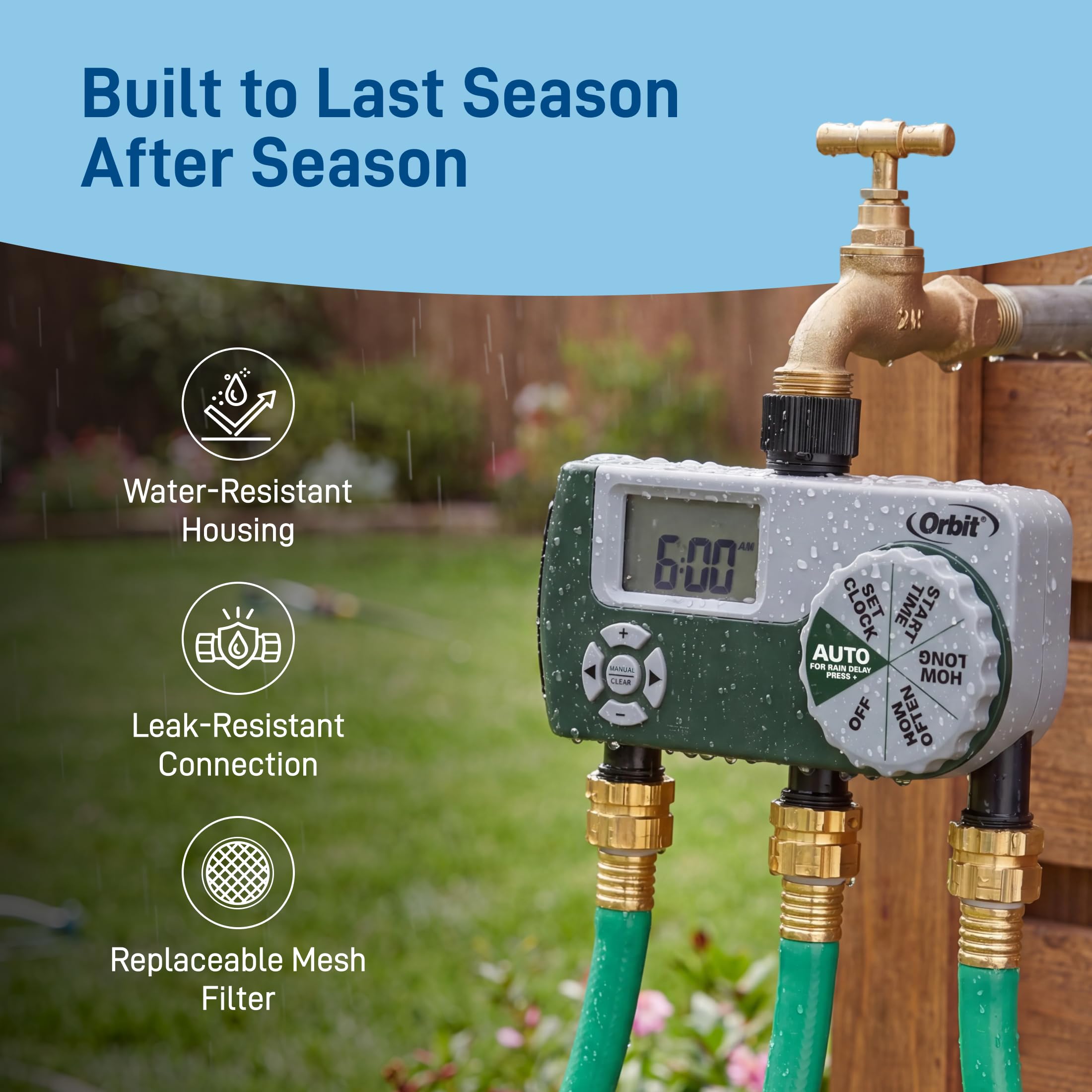 Orbit installed on outdoor faucet in garden demonstrating hands-free scheduled watering