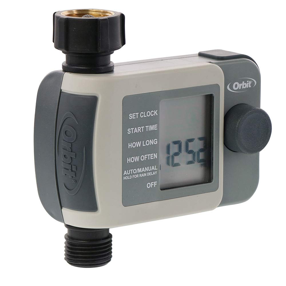 Orbit timer attached to outdoor faucet demonstrating easy installation and hands-free watering