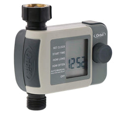 Orbit timer attached to outdoor faucet demonstrating easy installation and hands-free watering