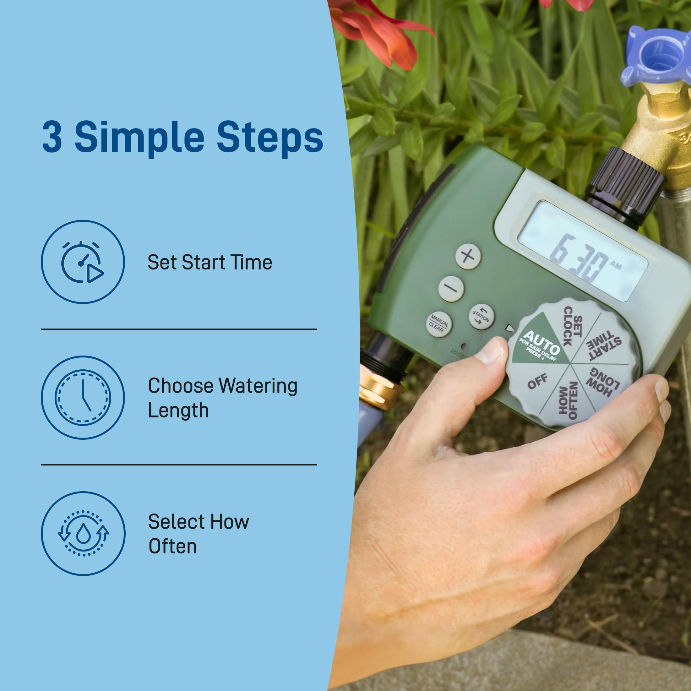 Orbit attached to outdoor spigot demonstrating simple installation benefit