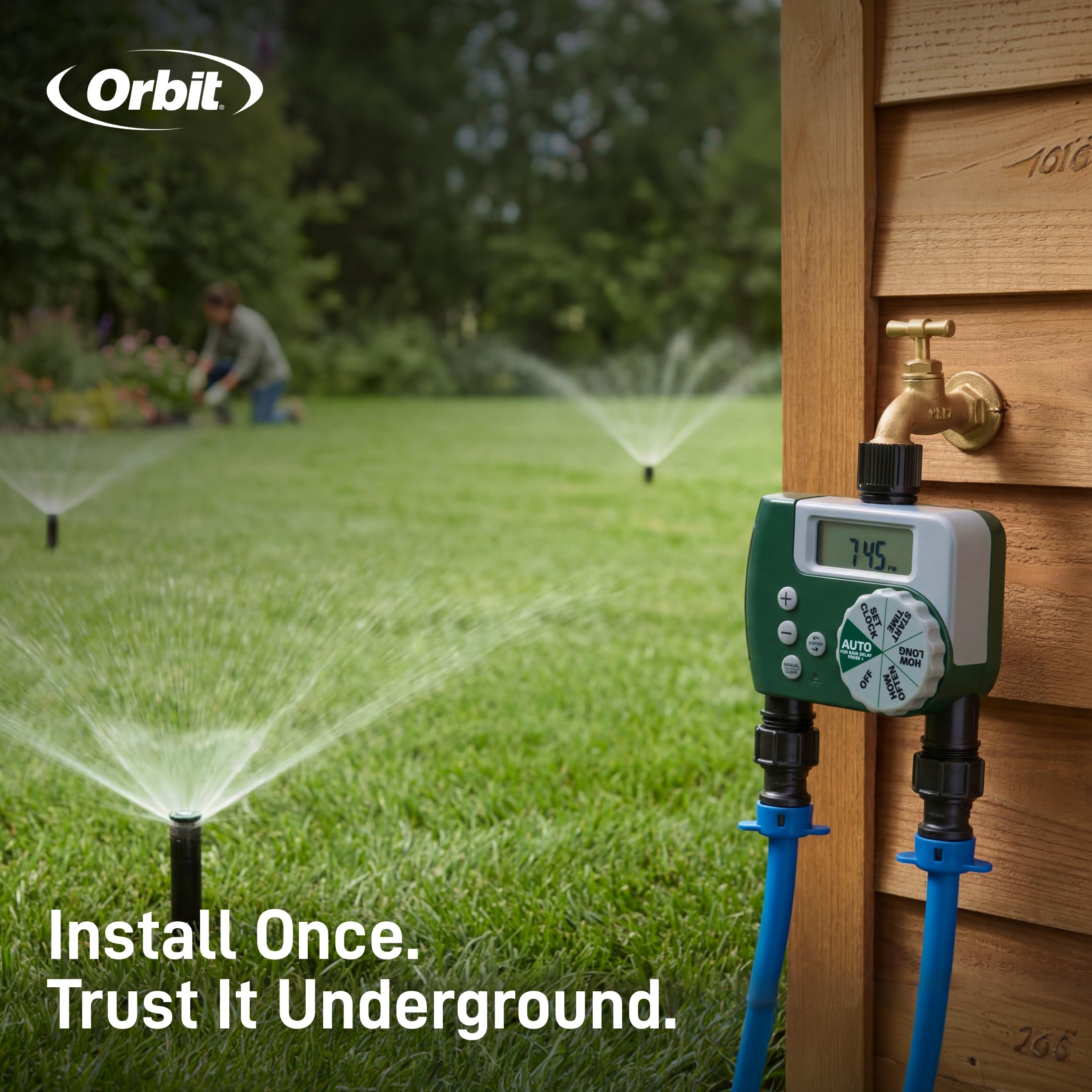 Orbit backyard watering scene demonstrating hassle-free irrigation