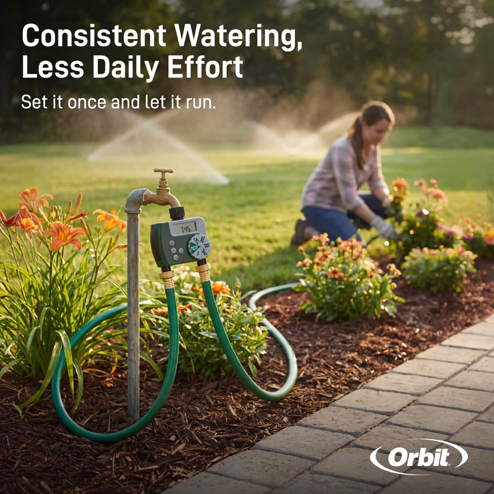 Orbit installed in a backyard garden showing hands-free irrigation efficiency