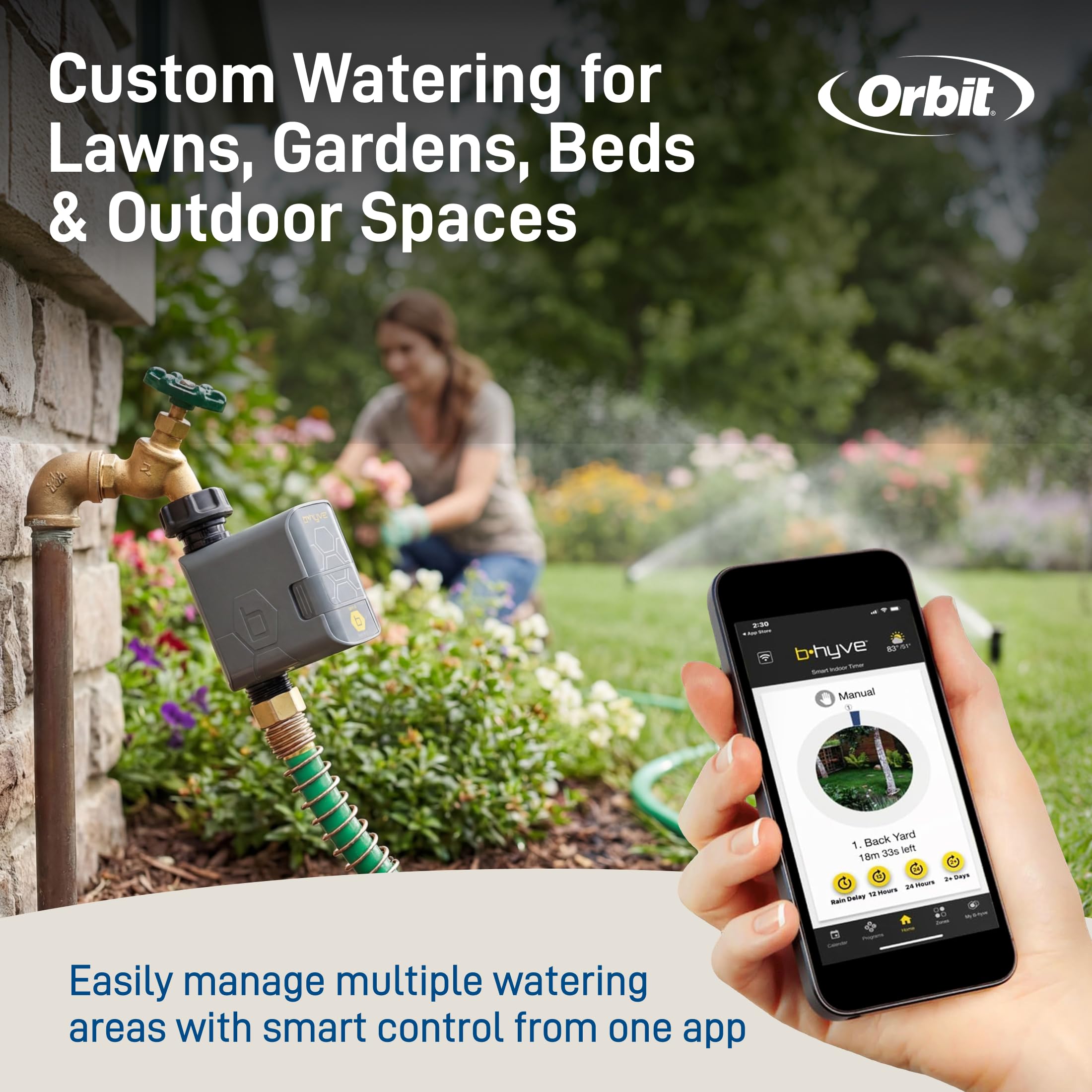 Orbit on patio with plants showing healthier yard with less effort