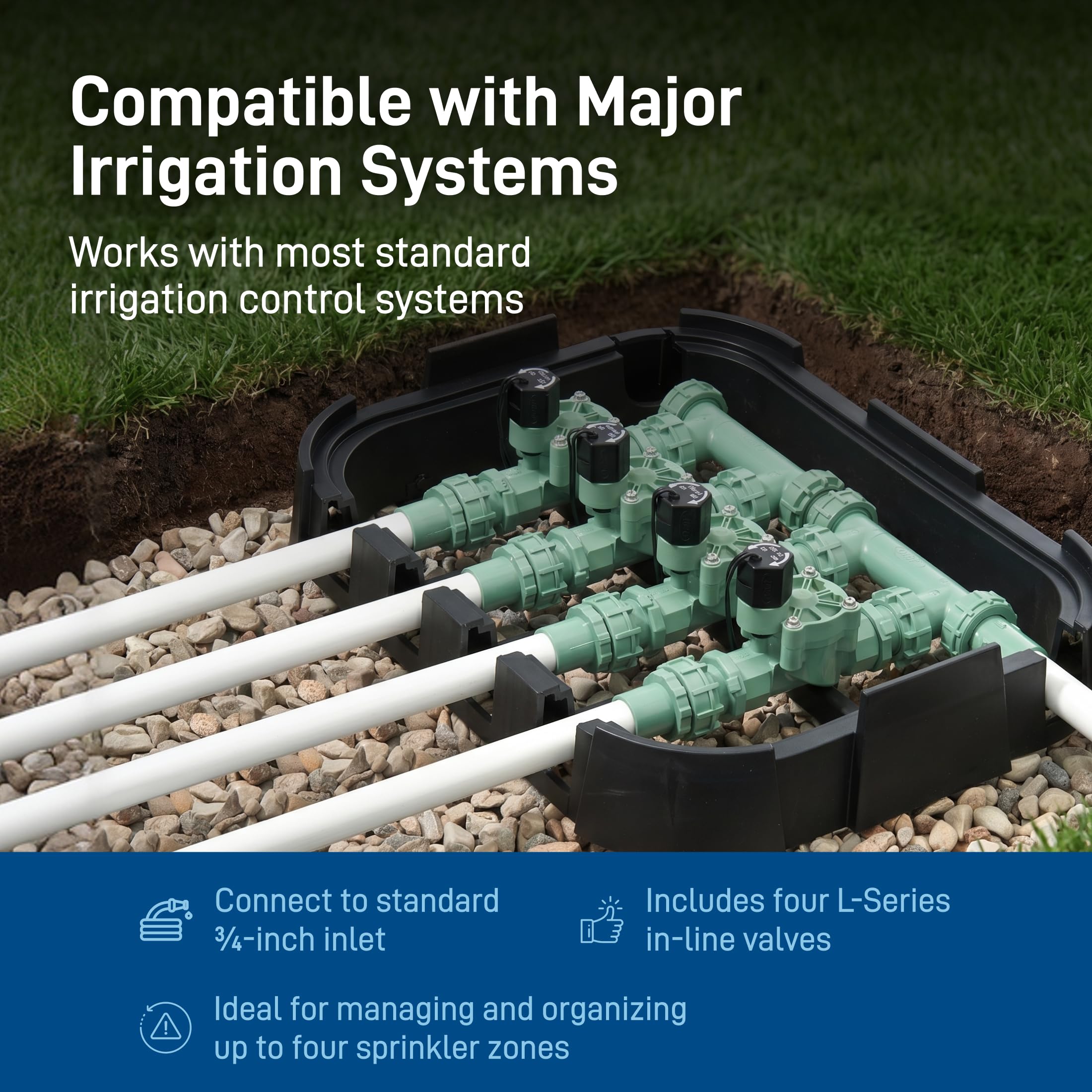 Orbit manifold connected to push-to-connect fitting showing faster installation benefit