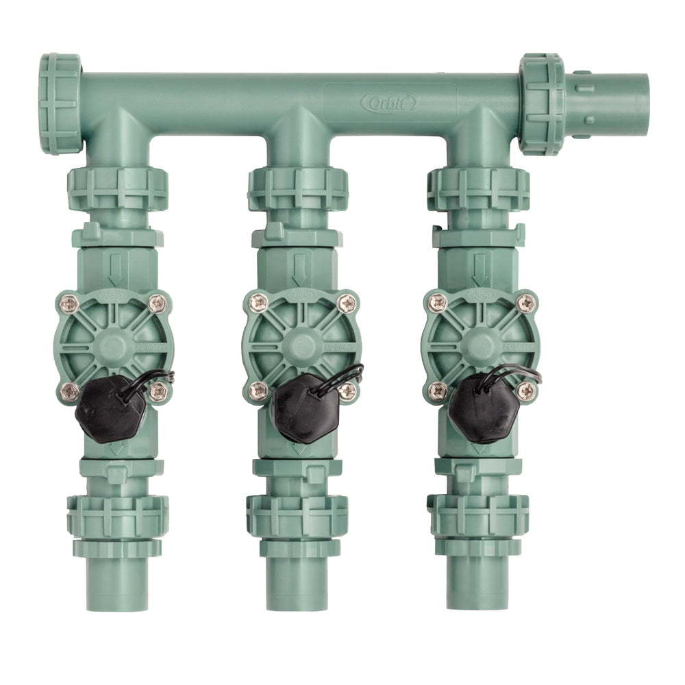 Orbit manifold front view showing three valves and weather-resistant housing for reliable performance
