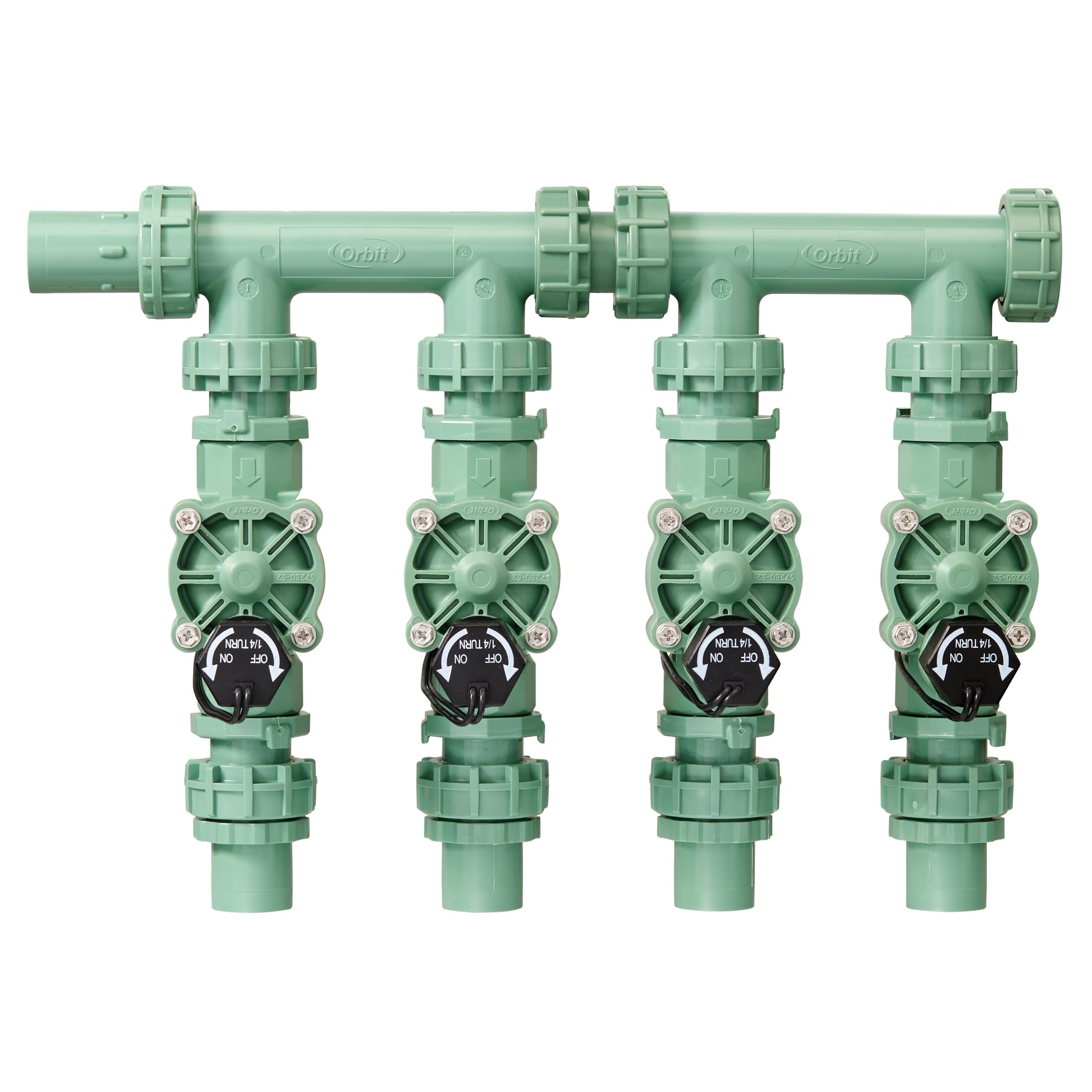 Orbit manifold front view showing four valves and durable housing for quick install