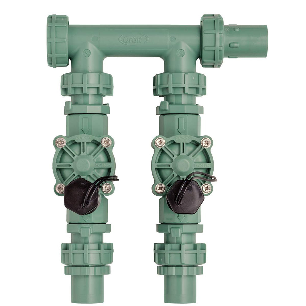 Orbit manifold front view showing two valves and inlet connections for fast setup