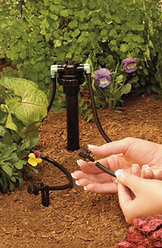 Orbit manifold installed in garden riser feeding four drip lines for precise water delivery