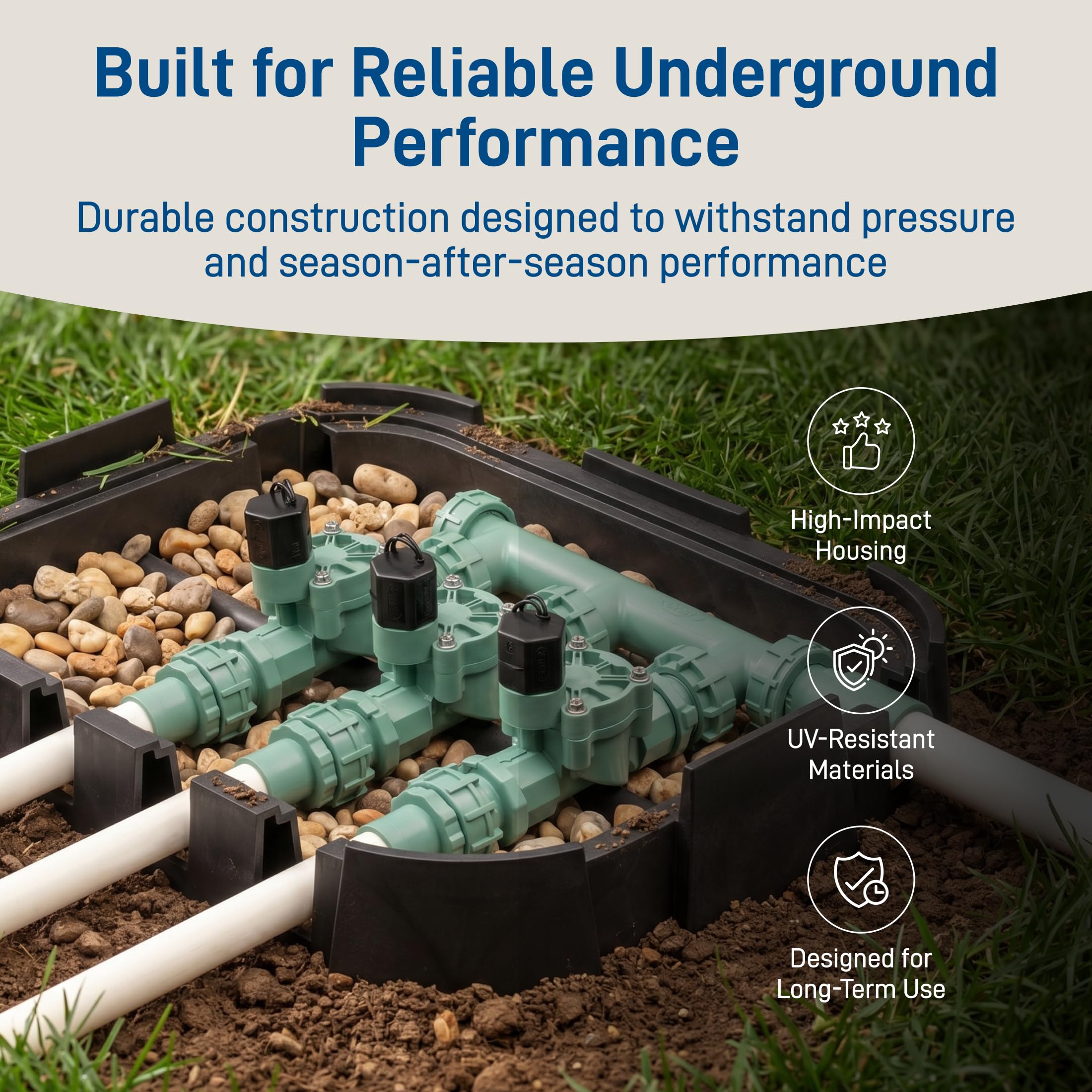 Orbit mounted in groundbox demonstrating buried installation and protected valve bank