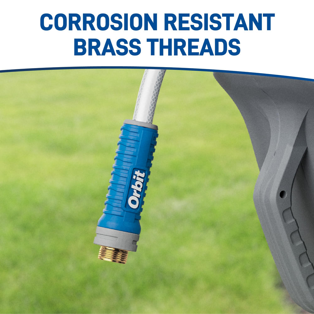 Orbit mounted reel swiveling 180 degrees for full-yard reach advantage