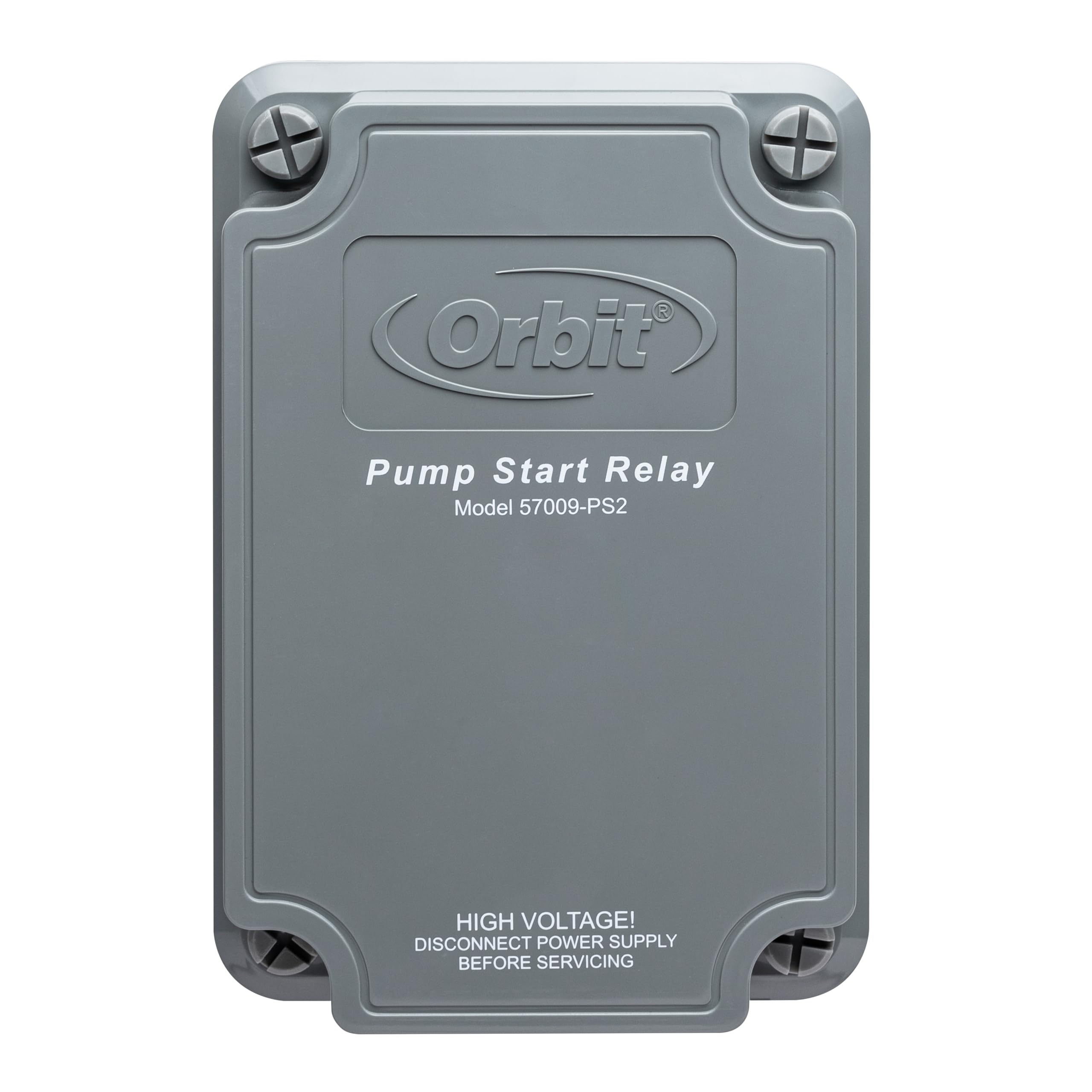 Orbit pump start relay front view showing durable weather-resistant case and labels for easy installation