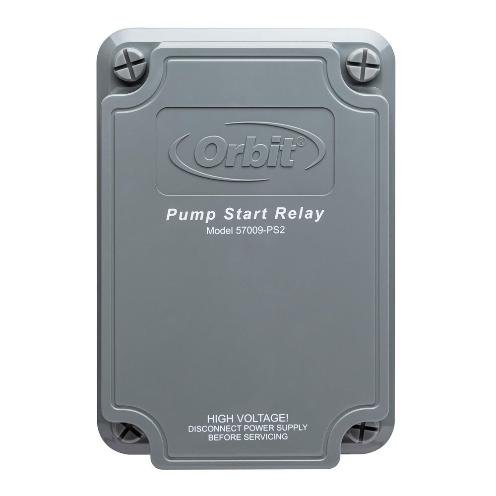Orbit pump start relay front view showing durable weather-resistant case and labels for easy installation