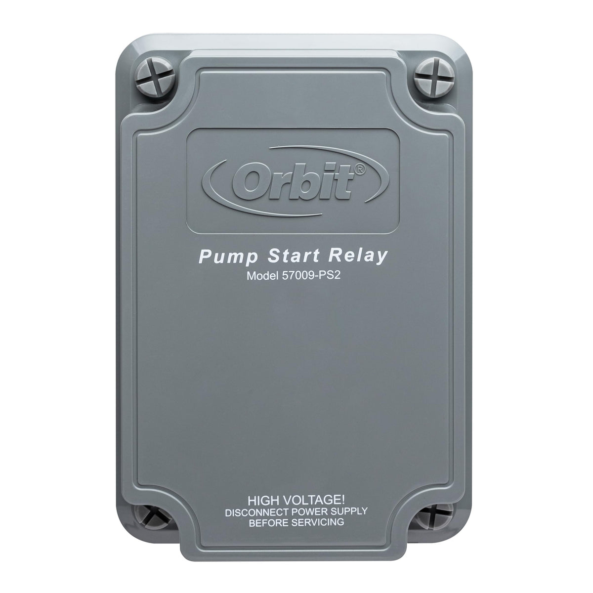 Orbit pump start relay front view showing durable weather-resistant case and labels for easy installation