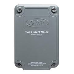 Orbit pump start relay front view showing durable weather-resistant case and labels for easy installation