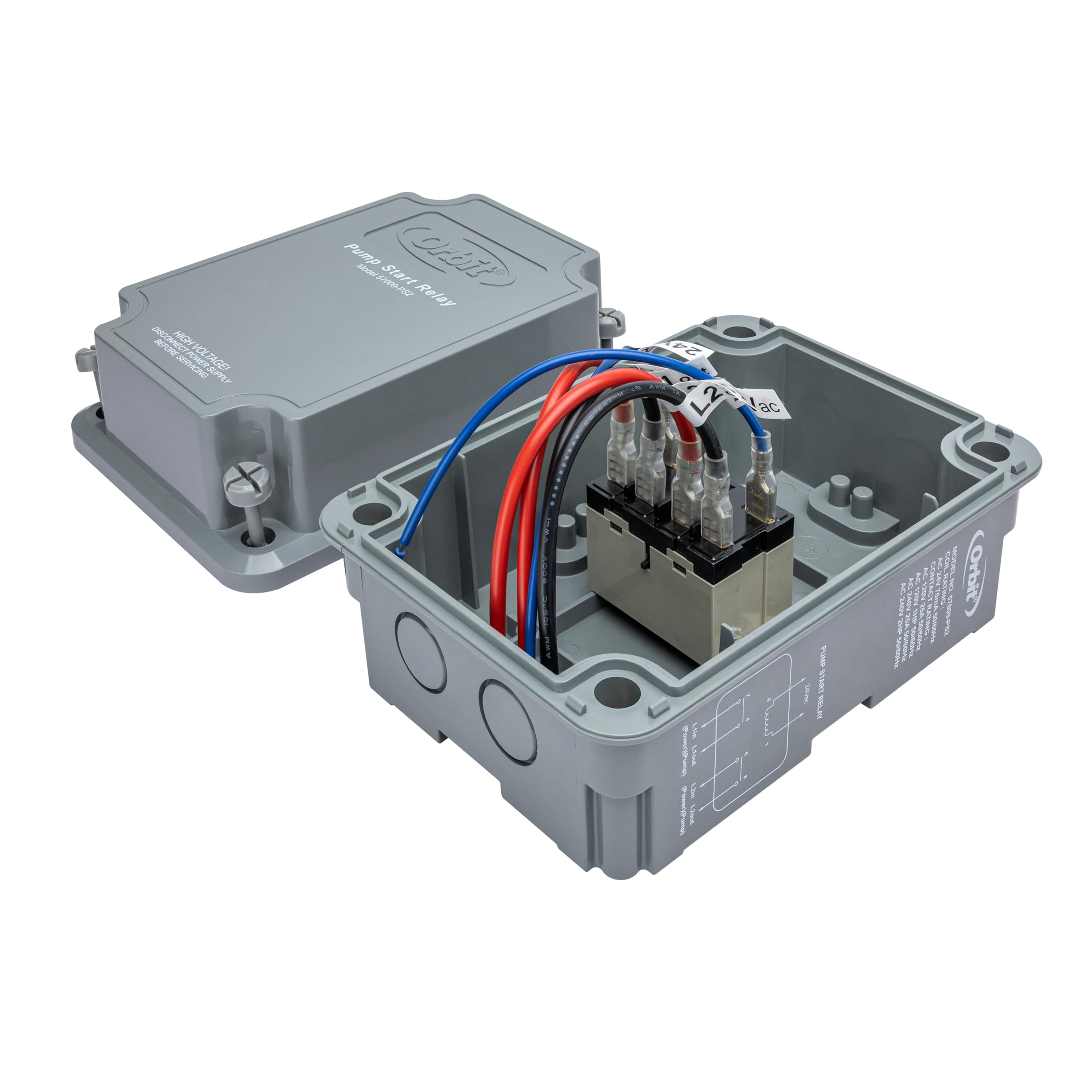 Orbit pump start relay held in hand for size scale showing compact design that fits tight irrigation boxes