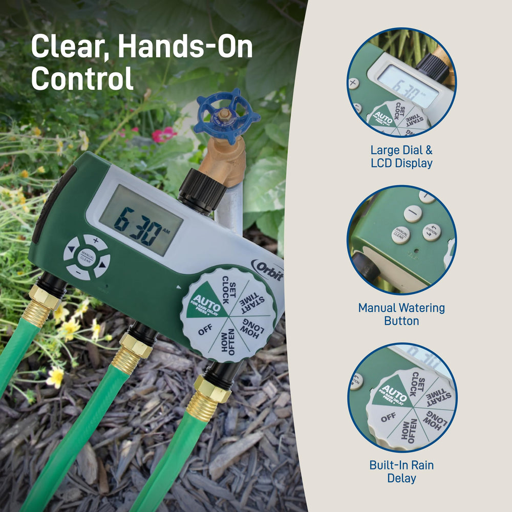 Orbit rain delay button detail enabling quick 24/48/72 hour pause to save water