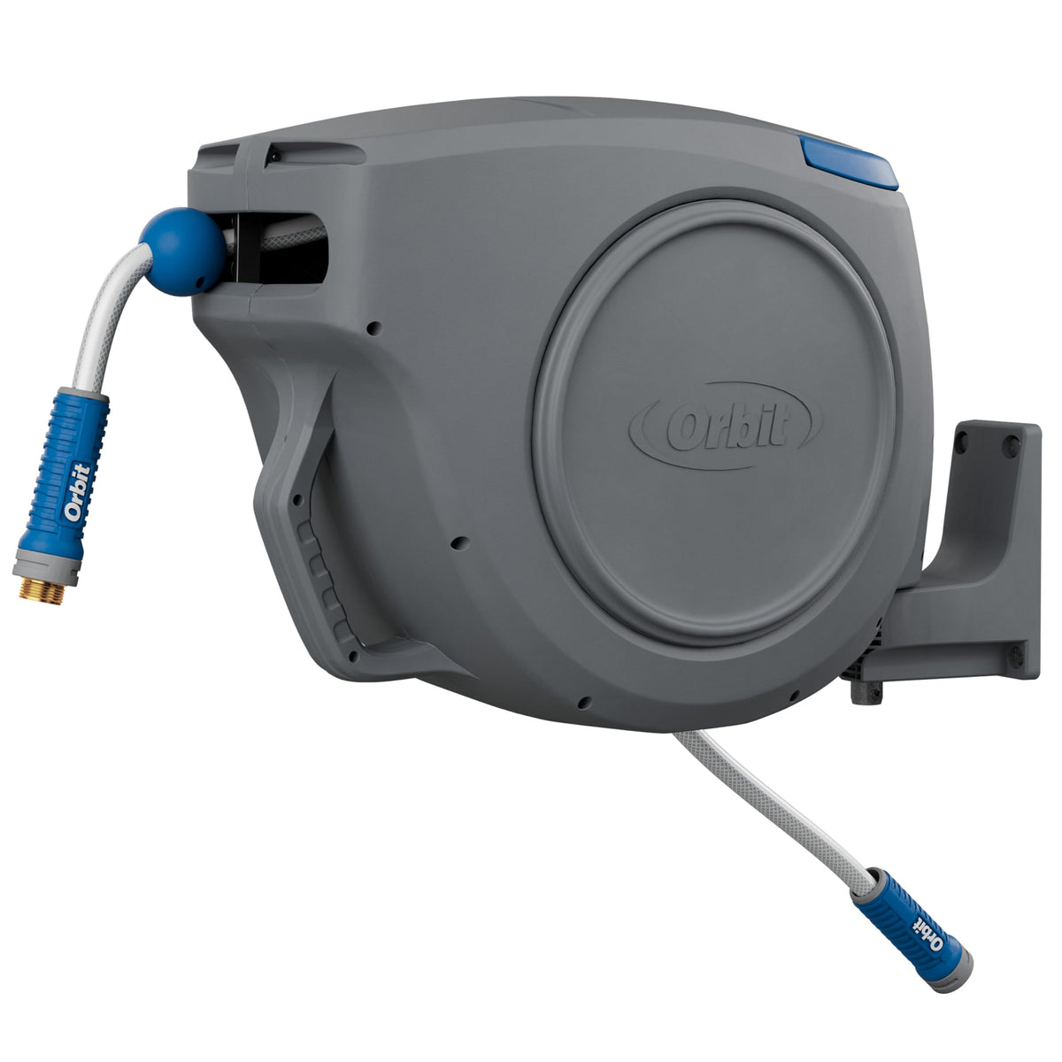 Orbit front view of wall-mounted reel showing compact storage benefit