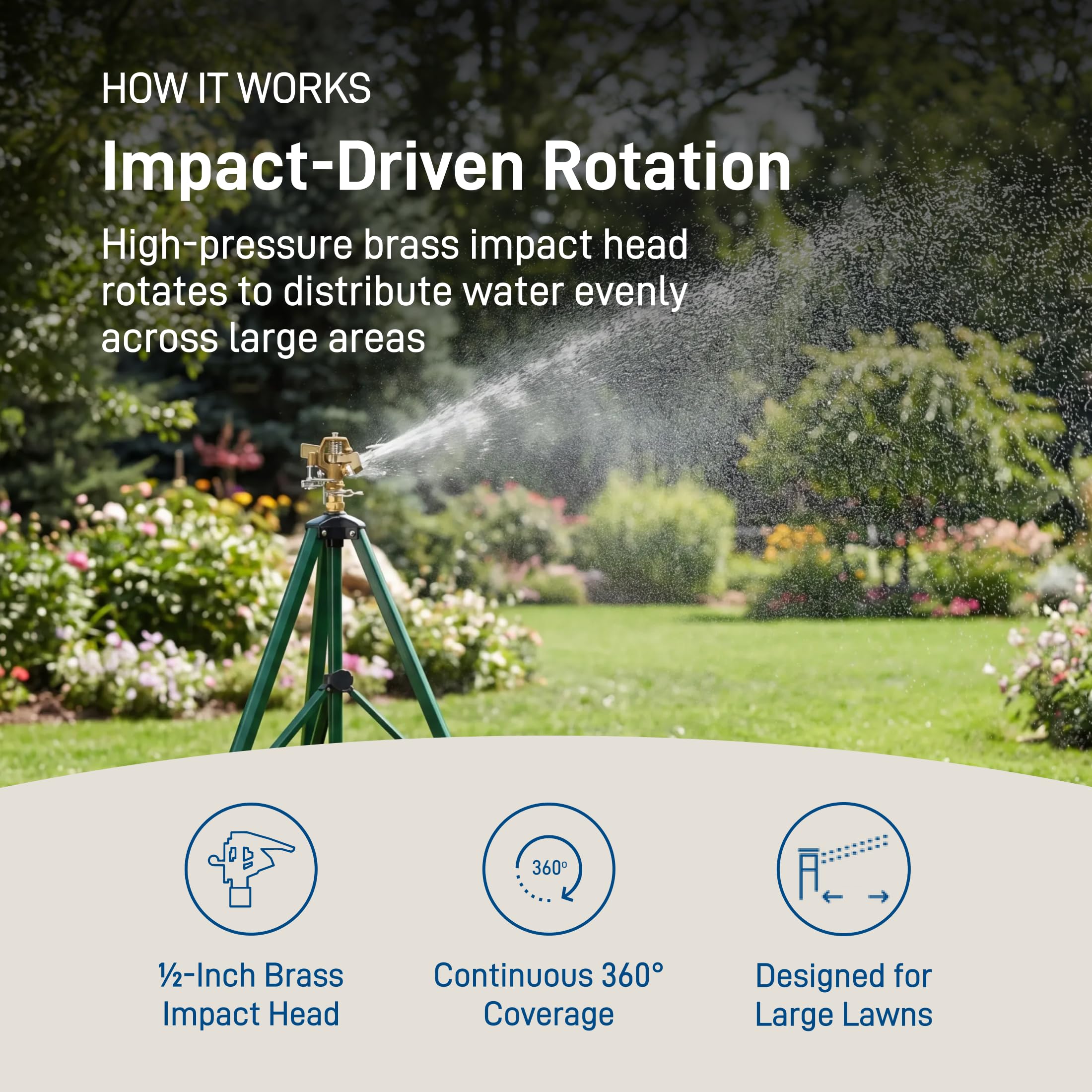Orbit sprinkler spraying 360 degrees across lawn, ensuring even coverage