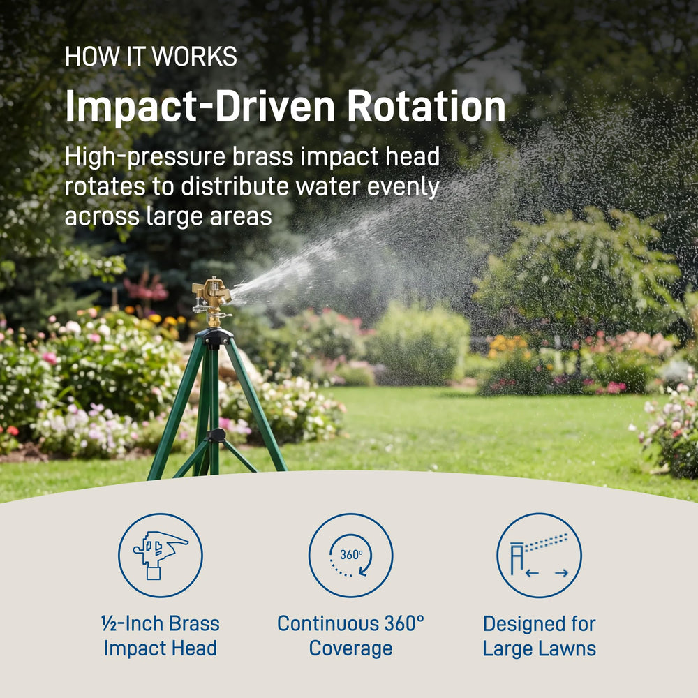 Orbit sprinkler spraying 360 degrees across lawn, ensuring even coverage