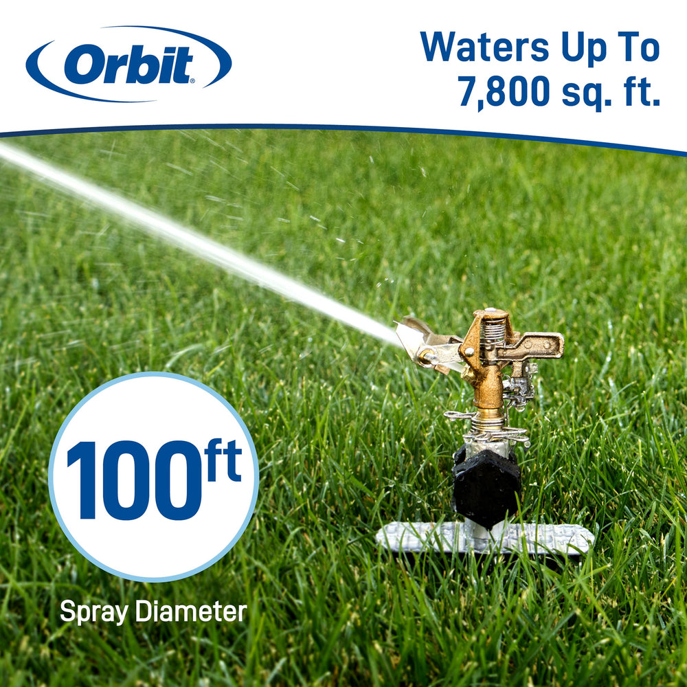 Orbit sprinkler in use spraying wide-area coverage up to 90 ft benefit