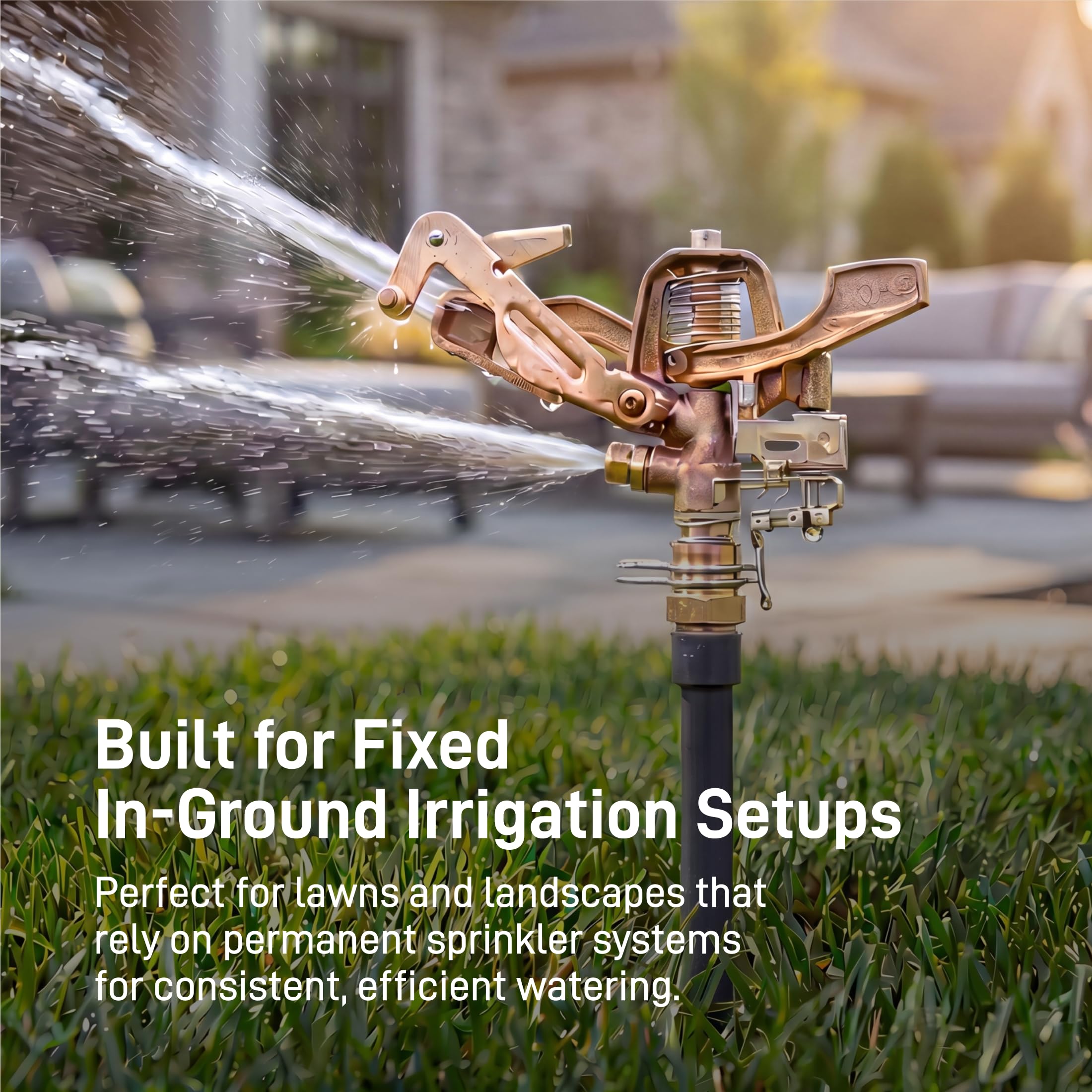 Orbit sprinkler mounted on riser demonstrating easy installation and stable performance