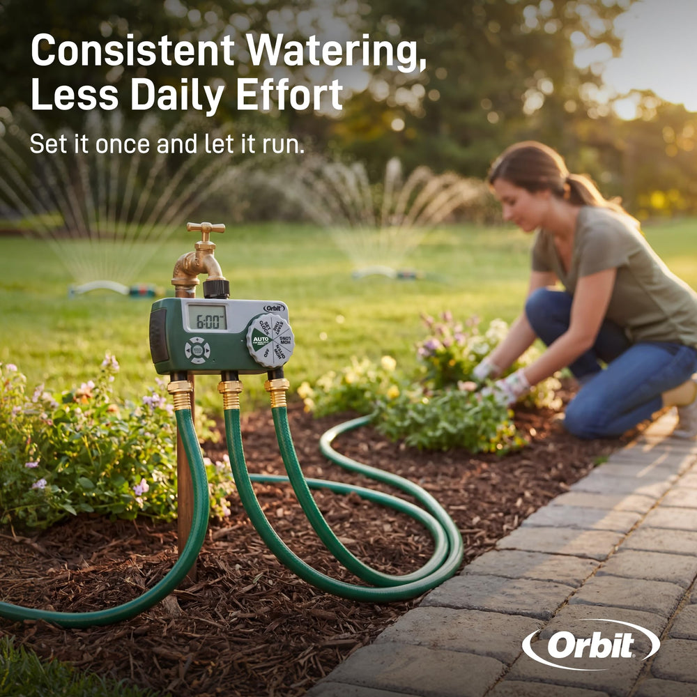 Orbit powering three hoses across a landscaped yard for efficient multi-area watering
